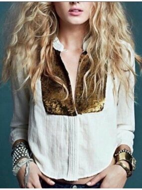 Romantic Boho Blouse Gold Embroidered Bib Front Top Cottagecore Peasant